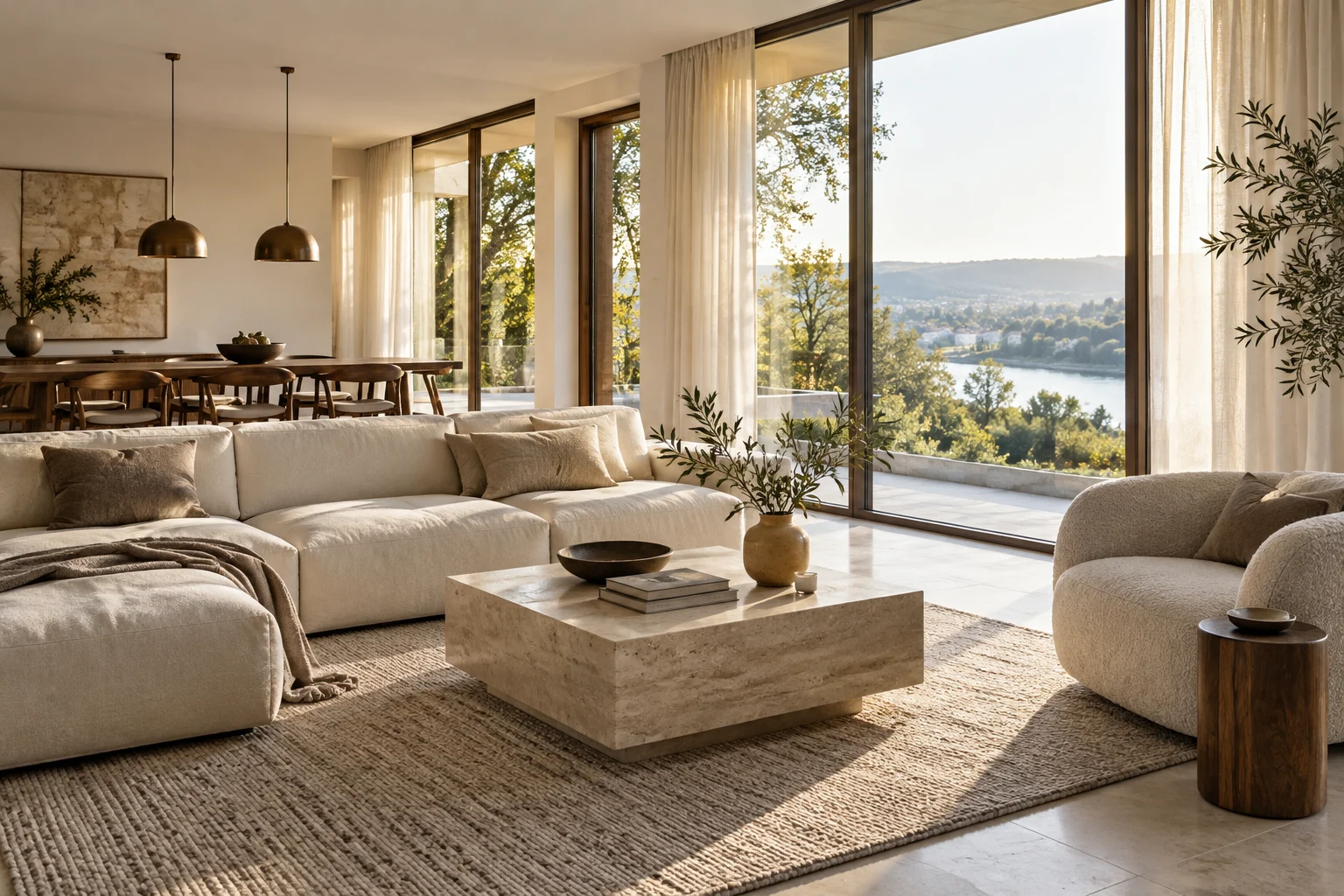 Lichtdurchfluteter Wohnraum mit Naturstein, warmem Holz und bronzefarbenen Fensterrahmen